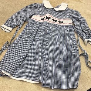 VINTAGE Blue Gingham Smocked Scottie Dog Dress